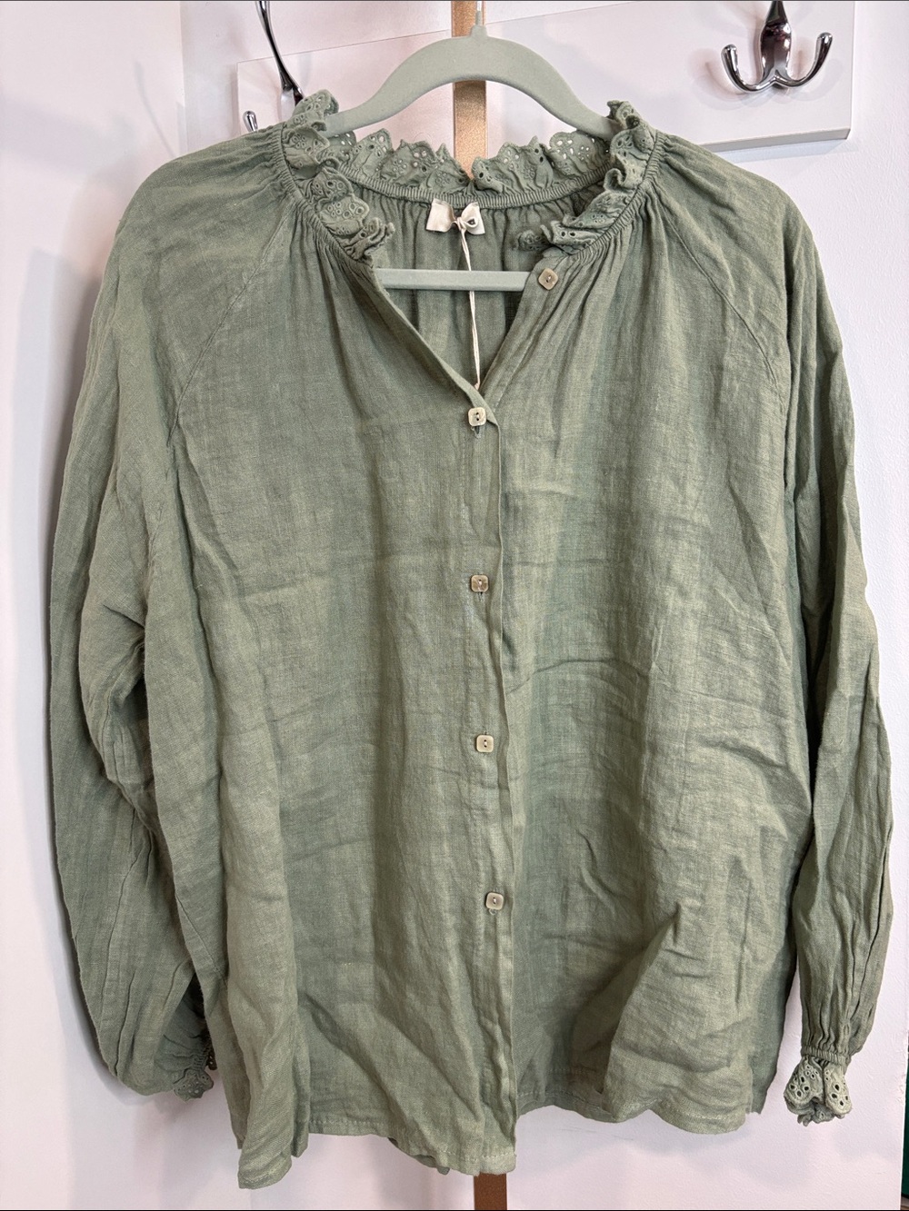 Light Sage Button-Down Blouse with Eyelet Trim